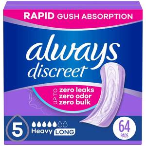 lot 11381 image: Always Discreet Adult Incontinence Pads for Women, Drier vs Poise, 5 Drop Long Length, Heavy Absorbency, Pads for Bladder Control Management, Bladder Leaks, & Postpartum Pads, 64ct