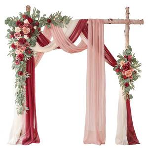lot 11383 image: WEIERYUE Deluxe Wine Red Artificial Wedding Arch Flowers with Drapes Kit-Pack of 5, 2pcs Flower Arrangements 3pcs Hanging Valance Red Ceremony Arbor Reception Backdrop Rose Floral Decorations.