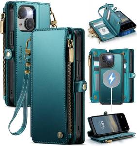 lot 12228 image: Defencase for iPhone 13 Magnetic Wallet Case Compatible with Magsafe with RFID Blocking Zipper & Card Holder for Women Men, PU Leather Strap Detachable Phone Case for iPhone 13 (6.1 inch), Blue Green