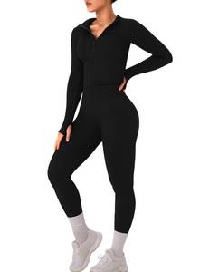 lot 12257 image: OLCHEE Womens Workout Sets 2 Piece Seamless Ribbed Long Sleeve Yoga Outfits High Waist Leggings Zipper Jacket Thumb Hole Gym Set - Black Large
