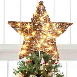 lot 12287 image: EAMBRITE 13.37�� 40 LED Christmas Rattan Tree Topper, Indoor Rustic Natural Star Treetop