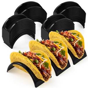 lot 12294 image: Baderke 48 Pcs Single Taco Holder Stand Black Plastic Tray Plates Mexico Taco Holder for Tuesday Night Carnival Backyard Party Supplies, Dishwasher Microwave Safe
