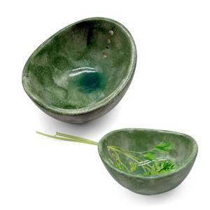 lot 12323 image: Baooery Pottery Herb Stripper Bowl, Herb stripper bowl, Ceramic Herb Stripper Bowl with Different Hole Sizes for Separating Leaves and Stems (Green)