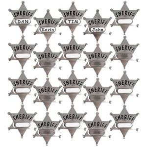 lot 12338 image: Bedwina Metal Sheriff Badges - (Pack of 24) Silver Star Name Badges with Stickers for Personalized Names, Western Cowboy Dress Up Deputys Badge Toys for Kids Birthday Party Favors, Giveaways & More