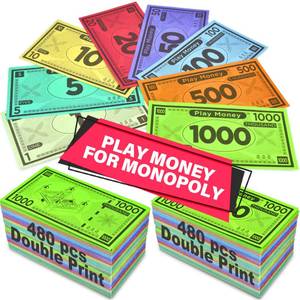 lot 12340 image: Queensell Play Money Suitable for Monopoly Board Game �� 480 pcs of 60 Each Bill Denomination �� Double Sides Printing Paper Money for Pretend Play Cashier, Monopoly Money Refill Packs - 480 pcs