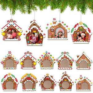 lot 12353 image: COCHIE Christmas Picture Frame Ornament for Christmas Tree Stocking Decorations, 10PCS Bulk Wood Photo Hanging Ornaments Holiday Xmas Gift (Sweet Gingerbread House)