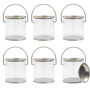 lot 12361 image: Cornucopia Brands Mini Clear Plastic Paint Cans (6-Pack), Little 3in Tall 1 Cup Miniature Arts, Crafts and Party Favor Cans NOT for Liquids OR Heavy Objects
