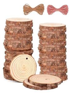 lot 12362 image: BIBRADAA Wood Slices 54 Pcs 2.8-3.1 Inches,Wood Slices for Crafts with Hole,Small Wood Cookies,Natural Wood Slices for DIY Rustic Candle HoldersWeddingChristmas. ��