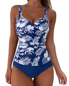 lot 12371 image: SUUKSESS Women Slimming High Waisted Tummy Control Tankini Swimsuit Sexy Wrap Push Up V Neck Bathing Suits 2 Piece (Navy Blue Floral,S)