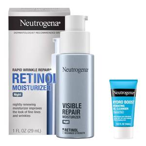 lot 12372 image: Neutrogena Rapid Wrinkle Repair Retinol Face Moisturizer Night Cream, Anti-Aging Face Cream with Retinol & Hyaluronic Acid, 1 fl. oz  Trial Size Hydro Boost Facial Cleanser, 0.5 fl. oz