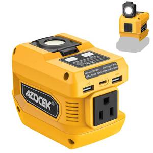 lot 12383 image: Azocek 220W Power Inverter Compatible with Dewalt 20V Battery, DC 20V to AC 110V Portable Power Station with 1 AC Outlet, 2 USB Ports & 1 Type-C Fast Charging, 400LM LED Work Light