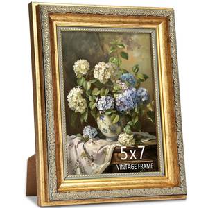 lot 12404 image: ASTRDECOR 5x7 Picture Frame, Ornate Vintage Gold Picture Frames with HD Glass for Wall Hanging and Tabletop Display, 5 x 7 Antique Photo Frame with Distressed Rust-Like Finish, Retro Home Decor