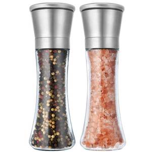 lot 14237 image: Elegant Pepper and Salt Grinder Set of 2, Best Spice Mill with Brushed Stainless Steel Cap, Ceramic Blades, Adjustable Coarseness, and Refillable Tall Glass Body with 6OZ Capacity (7.5).