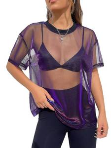 lot 14251 image: OYOANGLE Womens See Through Top Metallic Mesh Sheer Short Sleeve Rave T-Shirt Black Purple S