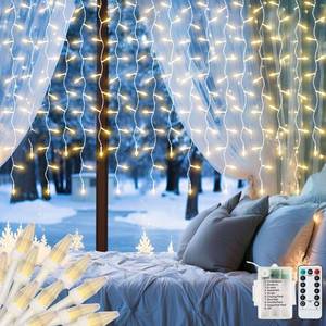 lot 16227 image: Apatner Christmas Icicle Lights Outdoor Indoor Battery Operated,9.8ftx3.3ft 150LED Window Curtain Eaves Lights with Remote Timer, Diamond LED Hanging Dripping Ice Light Waterproof for House Xmas