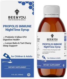 lot 16233 image: Bee and You Propolis Nighttime Syrup with Probiotic, Vitamin C, and Elderberry - Gentle Formula for Adults & Kids, 5 Fl Oz