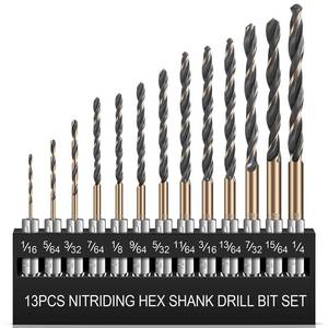 lot 16275 image: 13pcs Hex Shank Drill Bit Set, Professional HSS Nitriding Twist Drill Bits, Upgrade Black and Gold Coated Drill Bit, Quick Change Design for Wood, Steel, Metal, and Plastic, 116IN to 14IN.