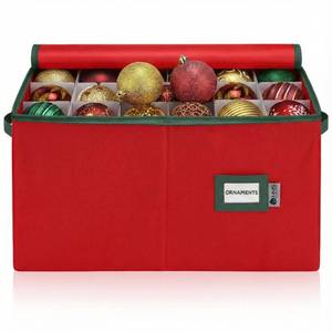 lot 17107 image: Christmas Ornament Storage Container with Dividers - Box Stores Up to 54 Ornaments, Zippered, Convenient, Adjustable, Large Organizer Bin to Protect Holiday D�cor, Fits Most Standard Size, Red