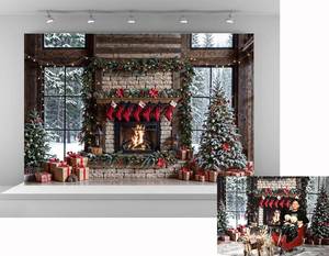 lot 17111 image: Kate 10x6.5ft Christmas Photo Backdrop Winter Fireplace with Stockings Decoration Snow Window Backgronds Christmas Tree Scene Xmas Party Background for Photography
