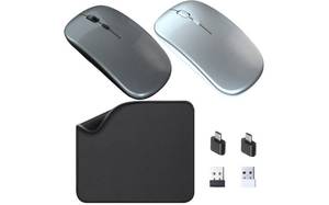 lot 18126 image: Wireless Mouse,2 Silent Mice and 1 Mice Pad Combo,Portable Mobile Optical Office Mouse, 2.4 GHz with USB Mini Receiver,3 Adjustable DPI for Notebook, PC, Laptop, Computer, Desktop-Grey & Silver