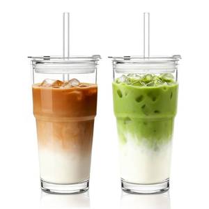 lot 18138 image: INSETLAN 20oz Clear Glass Cup with Lid and Glass Straw, Set of 2 Thickened Glass Coffee Tumblers, Drinking Glasses with Straw for Smoothie, Tea, Milk, Whiskey, Water and More �� Elegant & Durable