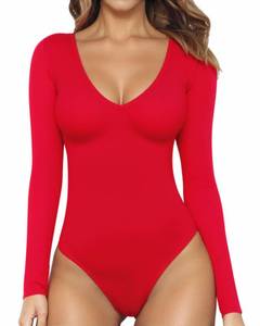 lot 18154 image: MANGOPOP Womens Long Sleeve Bodysuit Sexy V Neck Body Suits Fitted Fall Going Out Tops(Red,Medium)