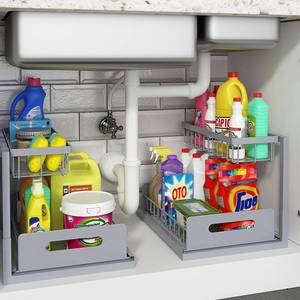 lot 19118 image: REALINN Under Sink Organizer, Pull Out Cabinet Organizer 2 Tier Slide Out Sink Shelf Cabinet Storage Shelves, Storage for Kitchen Bathroom, Grey, 2 Pack