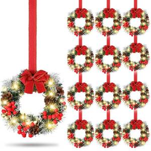 lot 19120 image: Yuxung 12 Pcs Mini Christmas Cabinet Wreath with Lights Prelit 8 Artificial Small Pinecone Front Door Wreath with Bow Xmas Hanging Garland for Kitchen Window Stairs Railing (Red)