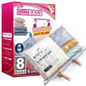 lot 19130 image: TAILI 8 Pack Vacuum Storage Bags, Jumbo Size 39x28 inch, LONG SIDE ZIP Vacuum Seal Bags for Beddings, Extra Large Storage Space Saver for Clothing, Comforters, Blankets, Pillows