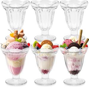lot 19142 image: Nexboraque 6 Pack Glass Tulip Sundae Cups, 6.7 oz Cute Footed Dessert Bowls Clear Milkshakes Ice Cream Cups for Pudding, Sherbet Trifle, Fruit, Salad, Snack, Cocktail, Party (One glass chipped)