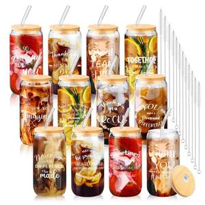 lot 19143 image: BHHQHH 12 Sets Employee Appreciation Gifts Team Thank You Gifts for Staff Coworker Inspirational and Motivational Glass Cups 16 oz Can Shaped Beer Glass with Lids Straws Brushes