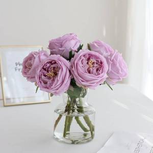 lot 19144 image: grtefhu Fake Austin Rose Peonies Flowers with Vase, Clear Glass Vase with Purple Real Touch Peonies Artificial Flowers,Faux Flower Arrangements for Dining Table Centerpiece Decor
