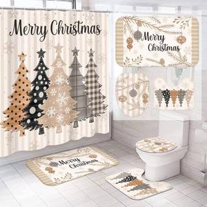 lot 19165 image: Tingjoo 4 Pcs Christmas Shower Curtains Set Stripes Pine Trees Xmas Bathroom Set, Christmas Tree Shower Curtain with 12 Hooks Non Slip Rug Toilet Lid Cover and Bath Mat for Xmas Winter Holiday Supply