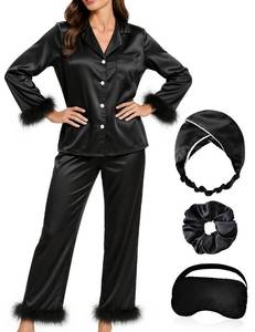 lot 20265 image: MEEYI Silk Pajamas for Women with Feather Trim Long Sleeve Satin Pajama Set 2 Piece Button Down Pjs Print Sleepwear (Black, X-Large)