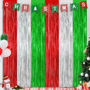 lot 20266 image: 2 Pack Christmas Backdrop, 3.28 FT x 7.05 FT Red Silver Green Party Streamer, Metallic Xmas Backdrop Fringe Curtains Foil Tinsel, Christmas Decorations Wall Decor Photo Booth Props