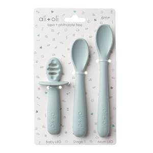 lot 20272 image: AliOli (3pc) Silicone Spoon Set for Baby (Blue) Unbreakable Baby Spoons, Self Feeding Utensils, Multi-stage Design, Ergonomic Handle