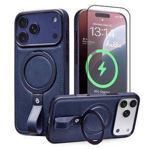 lot 20289 image: BUTAIGA for iPhone 17 Pro Max Leather Case with Stand, Anti-Slip Grip Ring, Fits for MagSafe (Blue, IP17 Pro Max-6.9inch)