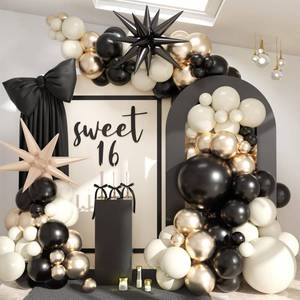 lot 20297 image: Black White Gold Balloon Garland Kit, 115Pc Beige Sand Black Cream Metallic Gold Balloon Arch Explosion Star Foil Balloons for Girls Women Birthday Bachelorette Graduation Coquette Party Decoration