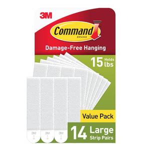 lot 20302 image: Command 15 lb Large Picture Hanging Strips 14 Pairs (28 Strips), Damage-Free Hanging Picture Hangers, No Tools Wall Hanger for Home Decor, White Adhesive