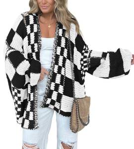 lot 20318 image: BTFBM Casual Cardigan Sweater for Women Fall 2026 Long Sleeve Open Front Chunky Knit Sweaters Checkered Outwear Coat(Black,Medium)