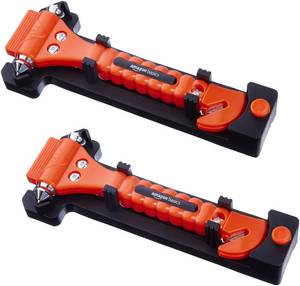 lot 20340 image: Amazon Basics Emergency Escape Tool, Window Breaker and Seatbelt Cutter, Car Safety Hammer with Protective Bracket, Bright Orange, 2 Pack, SW-835