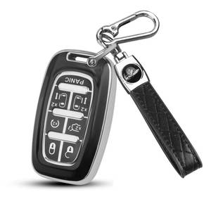 lot 20386 image: Key Fob Cover fit for Chrysler Pacifica, 7 Button for 2017-2025 Touring, Pinnacle, Limited, Voyager, 2020 Proximity, Smart Key Fob Replacement 68217832AC, 68217832AB, M3N-97395900 (Black, Silver Edge)