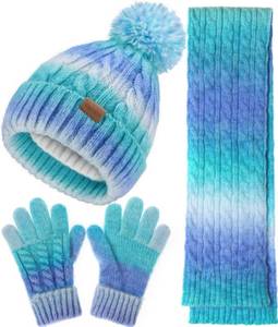 lot 20419 image: Kids Winter Hat Scarf Gloves Set, Girls Boys Toddler 8% Wool Warm Fleece Lined Pom Pom Beanie Hat Knit Neck Scarf Soft Thick Mittens Gloves for Cold Weather 3 In 1 Birthday Christmas Gift for Children