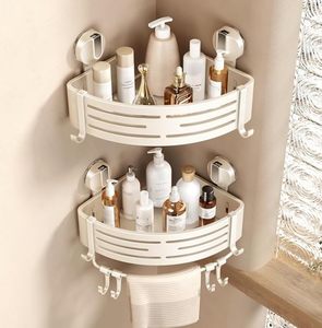 lot 1585 image: VOLPONE Corner Shower Caddy Suction Cup Shower Shelf Corner No Drilling Bathroom Shower Organizer Storage Rack Adhesive with Towel Bar Hooks(2-Pack, Ivory)