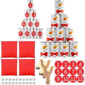 lot 1599 image: Soulchen 37 Pcs Carnival Party Knockdown Can Game Set Bean Bag Toss Slingshot Shooting Game with 10 Metal Cans 4 Bean Bags 2 Wooden Slingshot 20 Foam Balls for Outdoor Indoor Family Party Supply