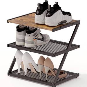 lot 1607 image: BWOORACKU Shoe Rack, Z-Frame Wooden Shoe Shelf with Heavy-Duty Metal Mesh Shelves for Hallway, Living Room, Closet, and Bedroom Organization - Organize Your Shoes in Style (16.54 x 10.24 x 16.14)
