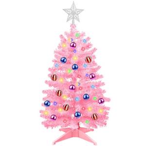 lot 1611 image: 3FT Pink Christmas Tree Tinsel with 50 Warm White & Multi Color Fariy Light 3D Star 15 Ball Ornament, 12 Light Modes Timer Battery Operated Small Artificial Full Xmas Tree Table Indoor Holiday Decor