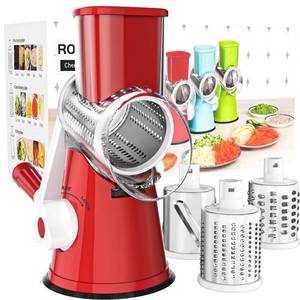 lot 1624 image: Cambom Rotary Cheese Grater Hand Crank Cheese Shredder for Fresh Cheese, Vegetable, Nuts,Non-slip Suction Base, Free Cleaning Brush Three Blades, Red