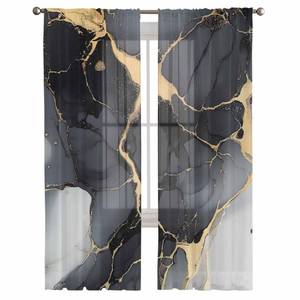 lot 2360 image: Semi Sheer Curtains 84 L, Rod Pocket Drapes Abstract Art Black Gold Marble Gradient Texture Window Treatments Curtain Light Filter for Living Room Kitchen Bedroom Decor 2 Panels