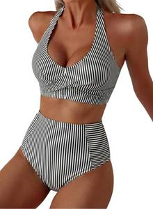 lot 2374 image: Herseas Women High Waisted Bikini Sets Halter Patch Pocket 2026 Summer Slimming Swimsuits Striped Wire Free Stretchy 2 Piece Bathing Suit Cute Swimwear for Teens Black Stripe Medium